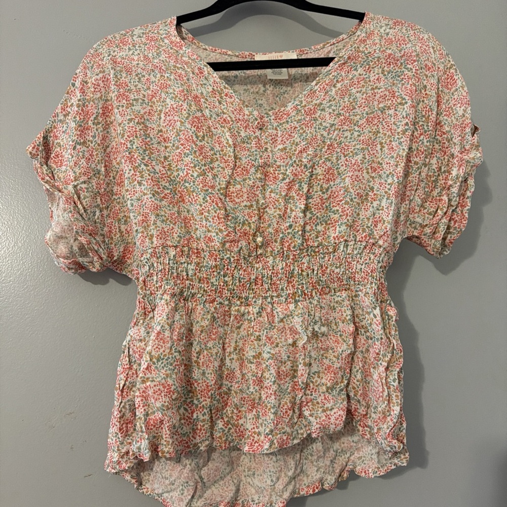 URBAN Romantics Pink & Green Floral Smocked Peplum Blouse